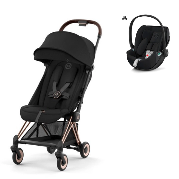Cybex Coya Stroller Rosegold Frame - Sepia Black + Cloud Z2 i-Size Car Seat - Deep Black