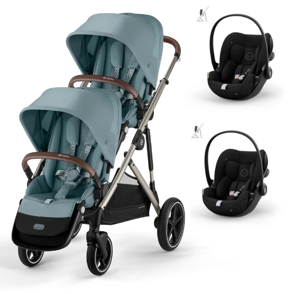 Poussette Double Cybex Gazelle S - Châssis Taupe/ Assises Sky Blue + Coques Auto Cloud G i-Size - Moon Black