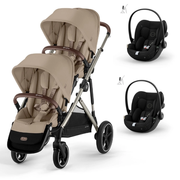 Poussette Double Cybex Gazelle S - Châssis Taupe/ Assises Almond Beige + Coques Auto Cloud G i-Size - Moon Black