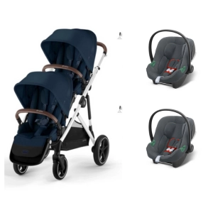 Poussette Double Cybex Gazelle S2 - SLV - Ocean Blue + 2 Coques Auto Aton B2 - Steel Grey + 2 Bases Offertes