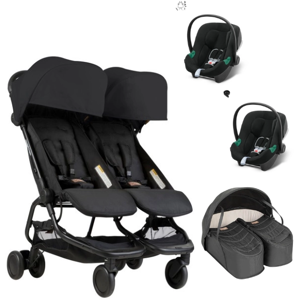 Poussette Double Mountain Buggy Nano Duo - Black + Cocoon Jumeaux + 2 Coques Cybex Aton B2 - Volcano Black