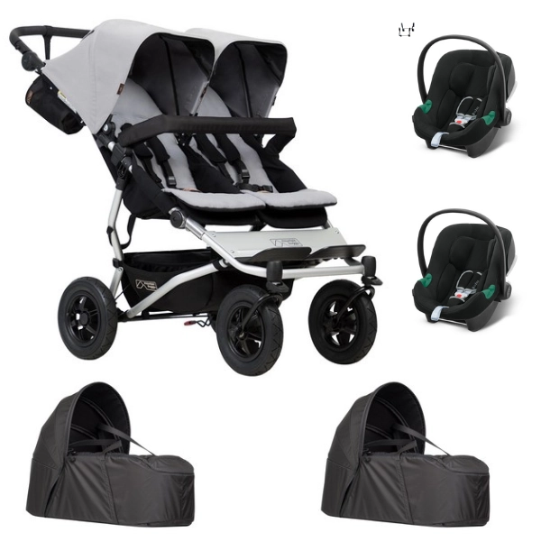 Poussette Double Mountain Buggy Duet V3.2 - Silver + 2 Cocoon V2 + 2 Coques Cybex Aton B2 - Volcano Black
