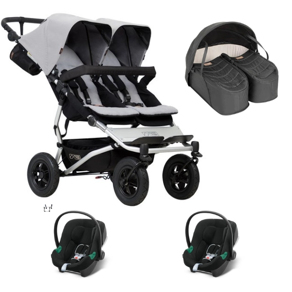 Poussette Double Mountain Buggy Duet V3.2 - Silver + Cocoon Jumeaux + 2 Coques Auto Cybex Aton B2 - Volcano Black