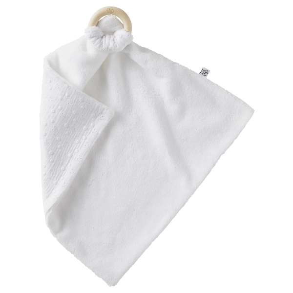 Doudou bi-matière avec anneau de dentition BB&Co - blanc broderie anglaise