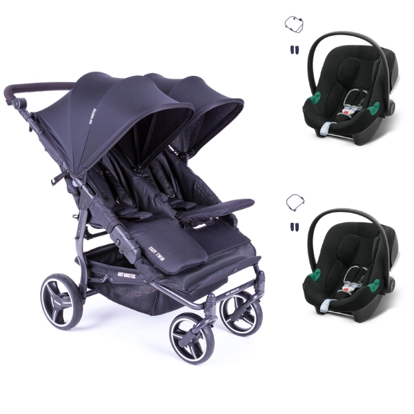 Poussette Double Baby Monsters Easy Twin 3S Light - Châssis Black/ Canopys Black + Coques Auto Cybex Aton B2 i-Size - Volcano Black