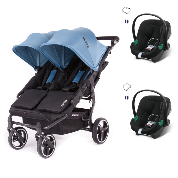Poussette Double Baby Monsters Easy Twin 3S Light - Châssis Black/ Canopys Atlantic + Coques Auto Cybex Aton B2 i-Size - Volcano Black