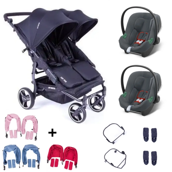 Poussette Double Baby Monsters Easy Twin 3S Light Noir + Coques Cybex Aton B2 i-Size - Steel Grey + Bases ONE