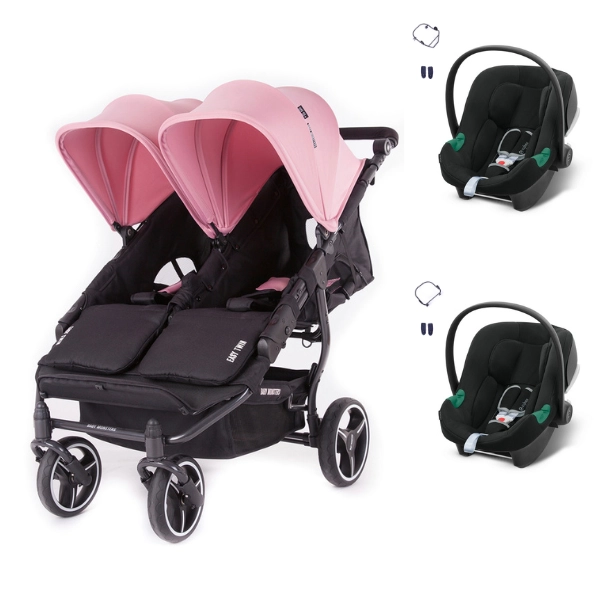 Poussette Double Baby Monsters Easy Twin 3S Light - Châssis Black/ Canopys Milkshake + Coques Auto Cybex Aton B2 i-Size - Volcano Black