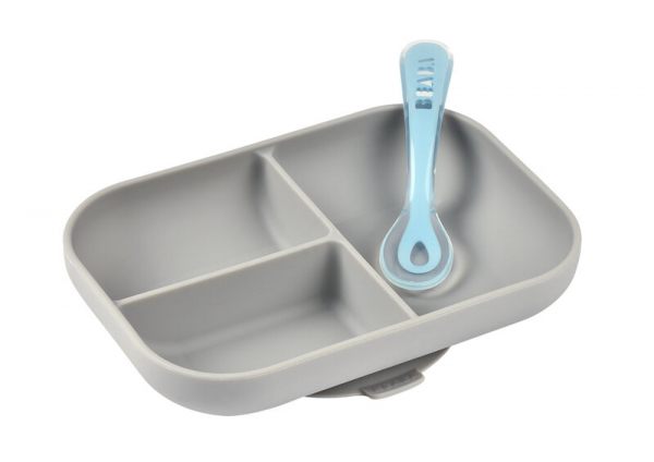 Béaba Compartmented Suction Cup Plate + Spoon - Grey